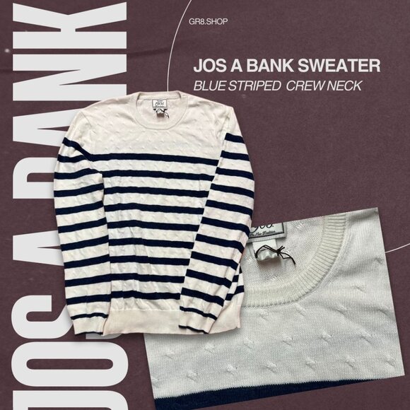 Jos A. Bank Men’s Sweater Blue Striped Crew Neck Pullover - Picture 1 of 5